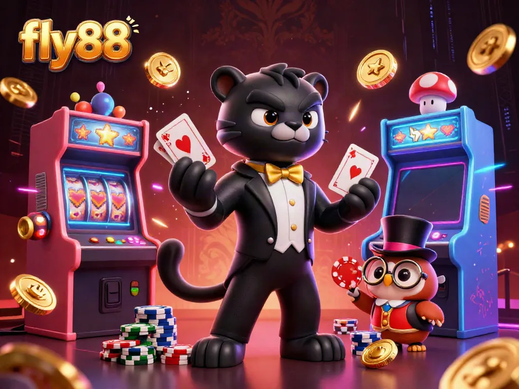 Experience the excitement of fly88 with a stylish panther dealer and animated characters in a vibrant casino setting.