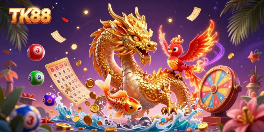 Engage with TK88's vibrant casino world featuring dynamic dragons, lucky symbols, and exciting games.