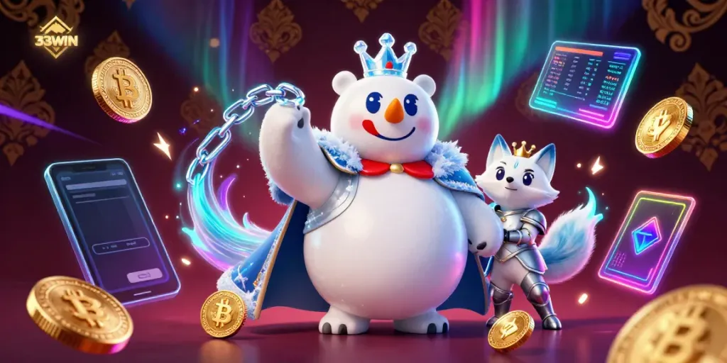 Bet on your favorite games with 33WIN in this vibrant 3D gambling-themed illustration.
