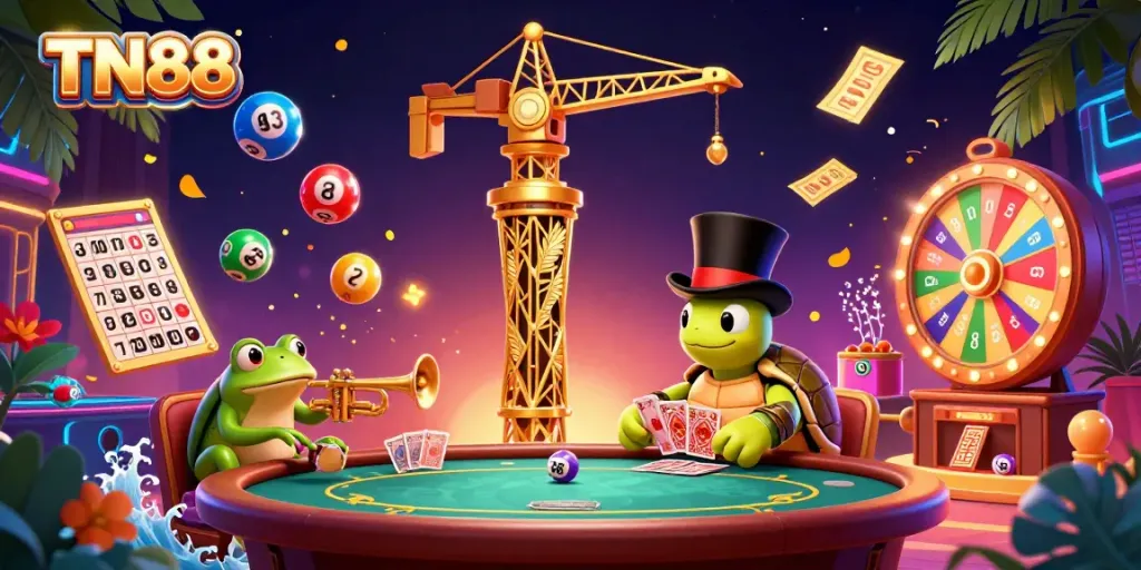 Experience TN88's vibrant casino atmosphere with characters and lottery elements in action.
