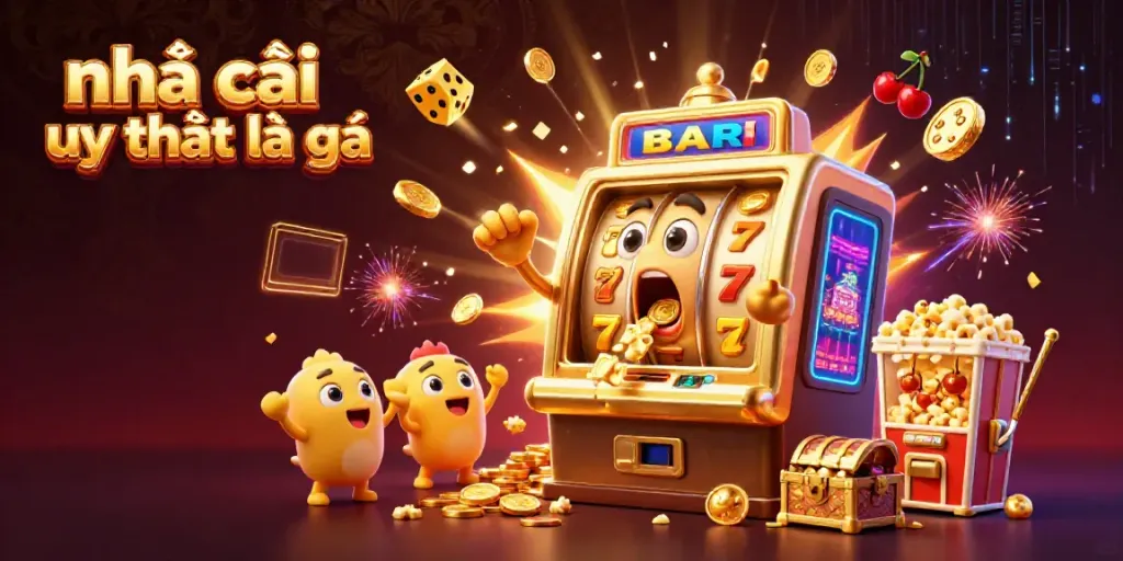Experience the excitement of nhà cái uy tín là gì with this vibrant jackpot scene featuring a slot machine and cheering characters.