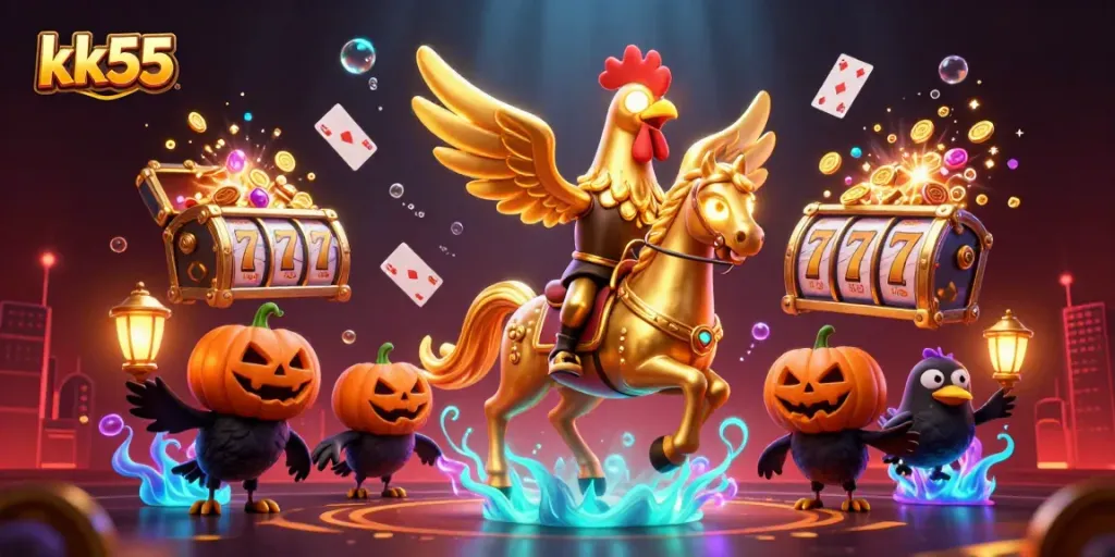 Experience stunning gameplay at kk55 with a golden rooster and spectral horse in a vivid casino scene.