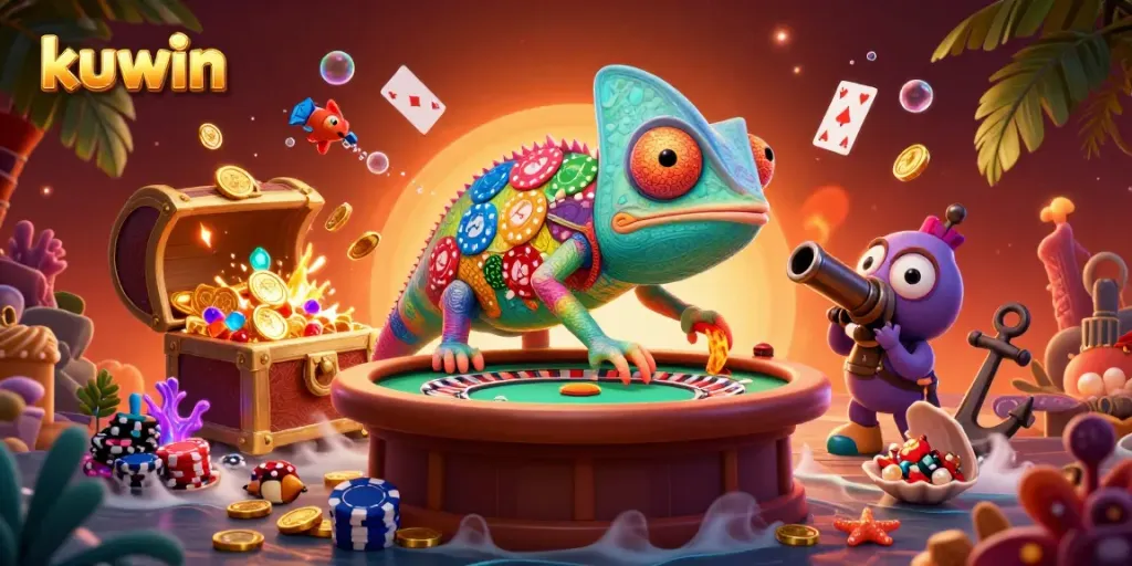Kuwin's casino universe comes alive with a vibrant chameleon owner, golden coins, and thrilling gaming elements.