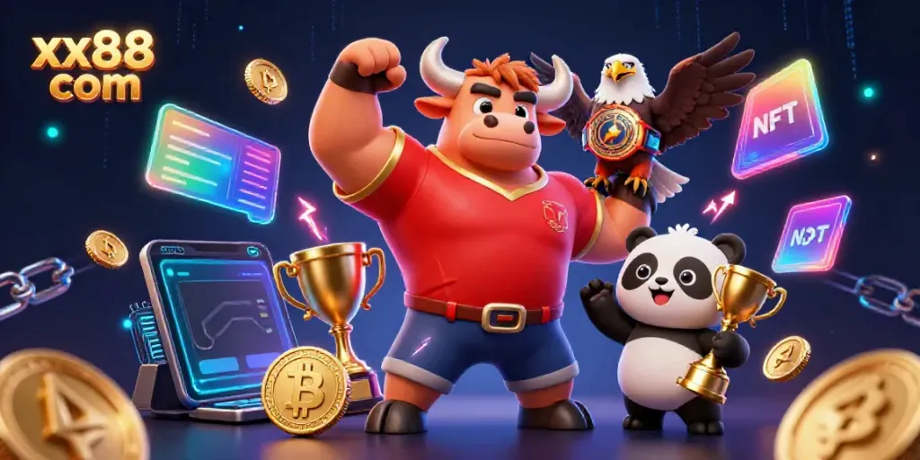 Join the excitement at xx88 com with a vibrant scene showcasing winning mascots and digital gaming elements.