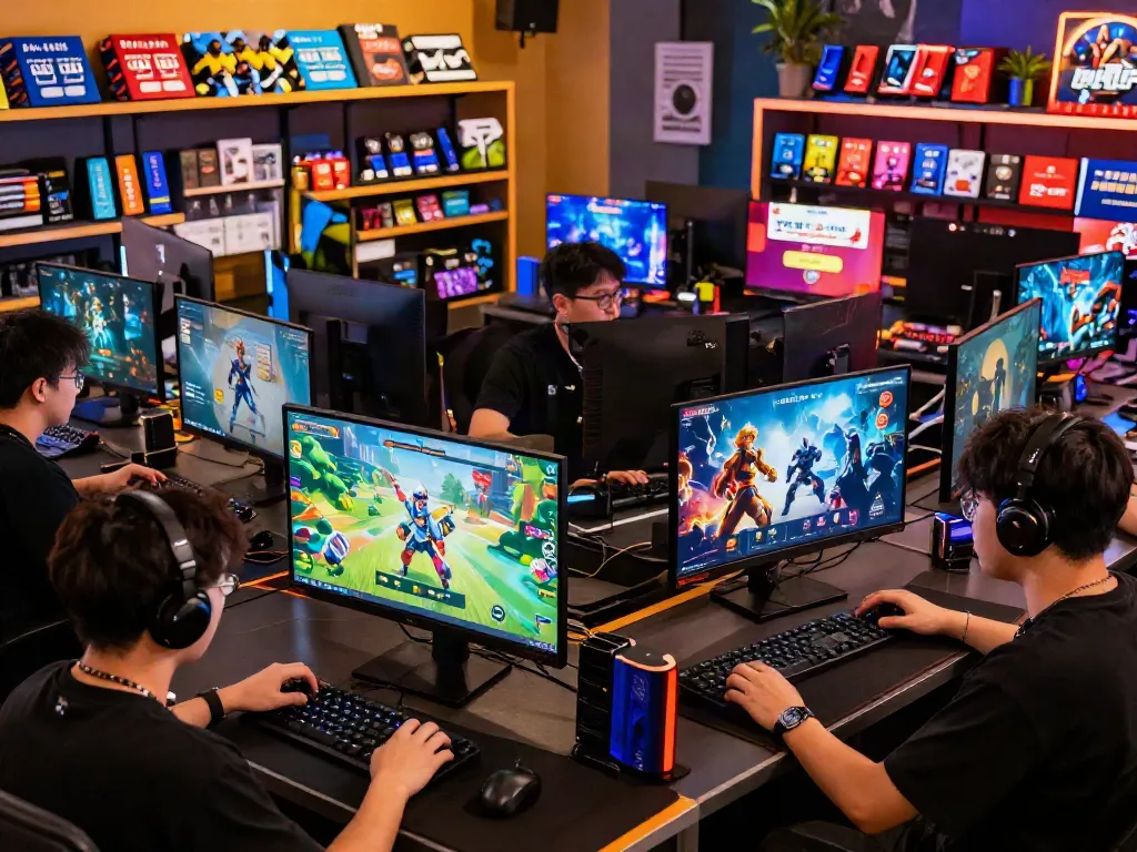 Engaging gaming atmosphere at warung168 with vibrant digital games and enthusiastic players.