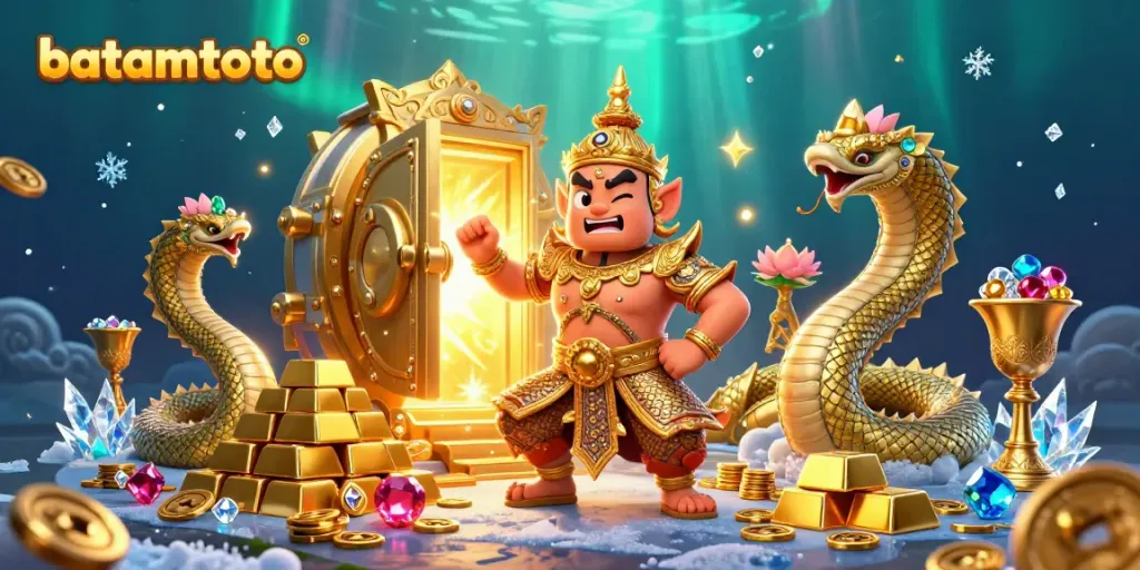 Experience thrilling wins with batamtoto in a vibrant casino-themed illustration featuring guardians and treasures.