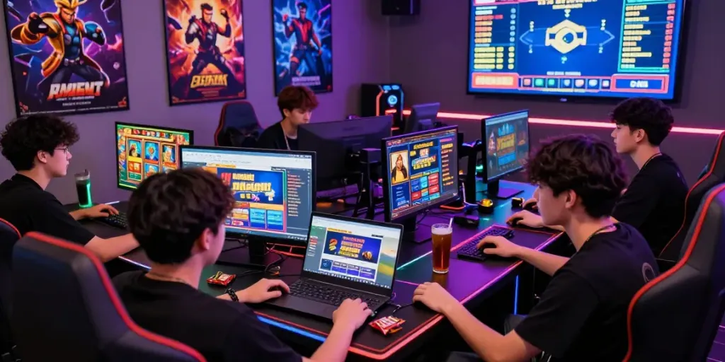 People enjoying games on lumbung88 platform with vibrant atmosphere and gaming equipment