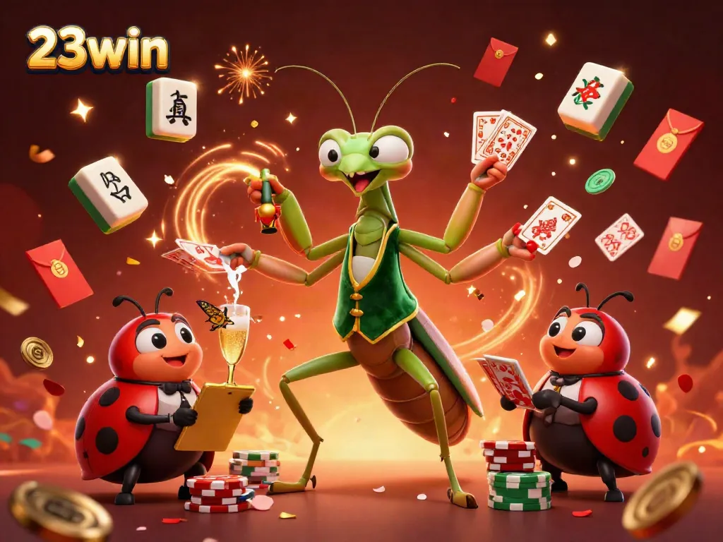 Experience 23win's vibrant casino atmosphere with dynamic characters and festive elements.
