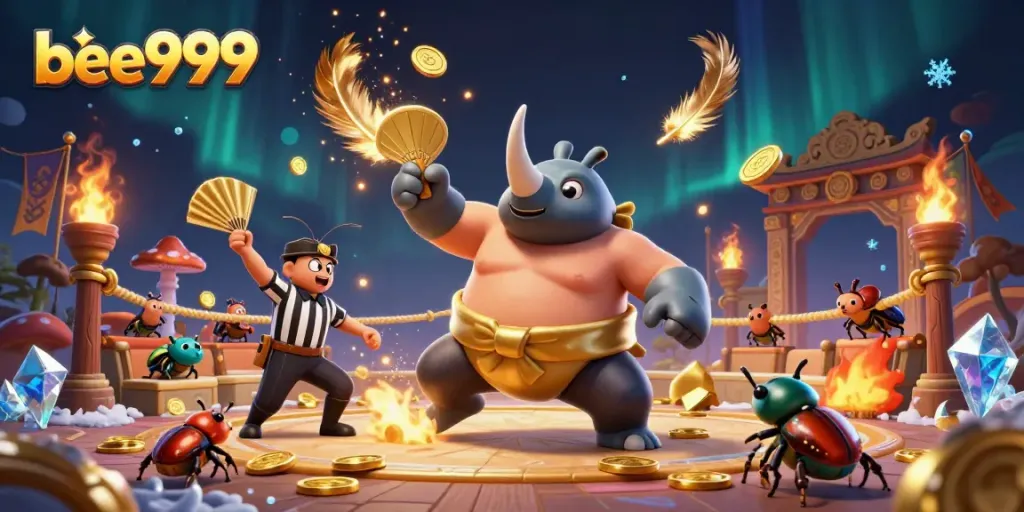 Exciting scene with bee999's beetle champion stomping coins in a vibrant casino arena