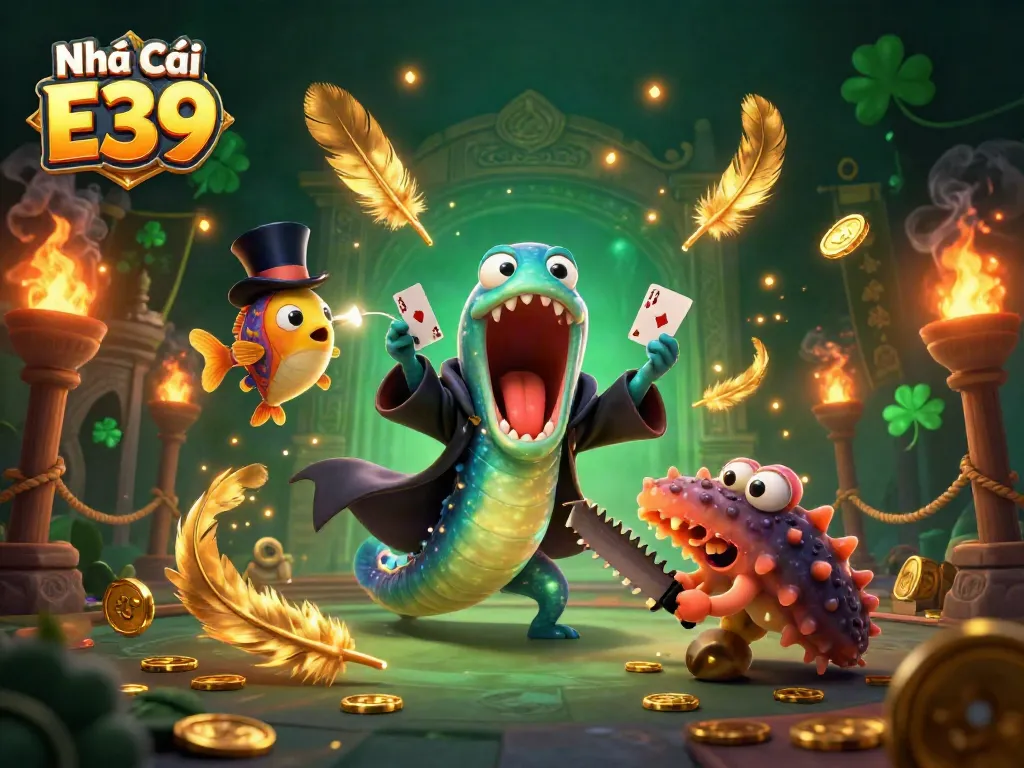 Experience the magic at Nhà Cái E39 with vibrant characters performing casino tricks in a dynamic scene.