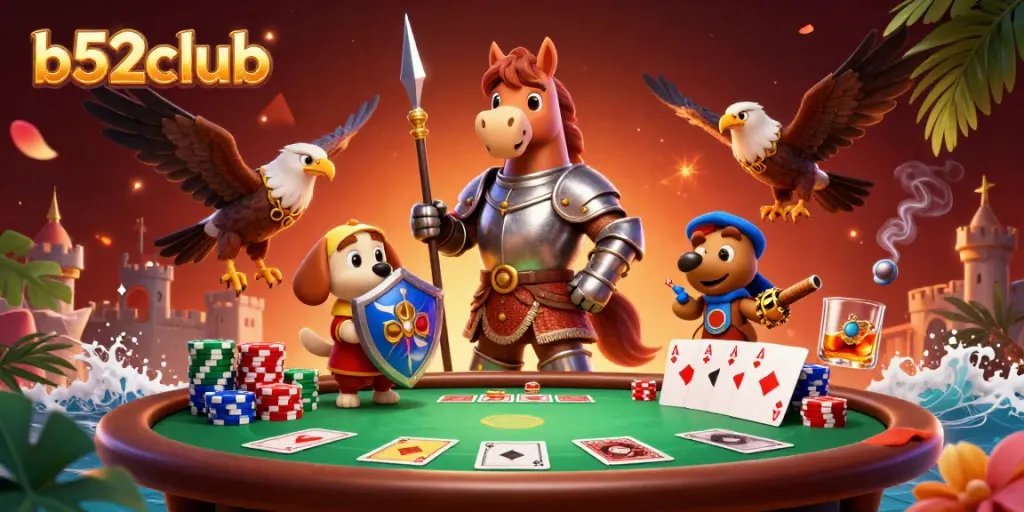 Engage in thrilling poker strategies with b52club, featuring a knight and puppy in a vibrant casino.