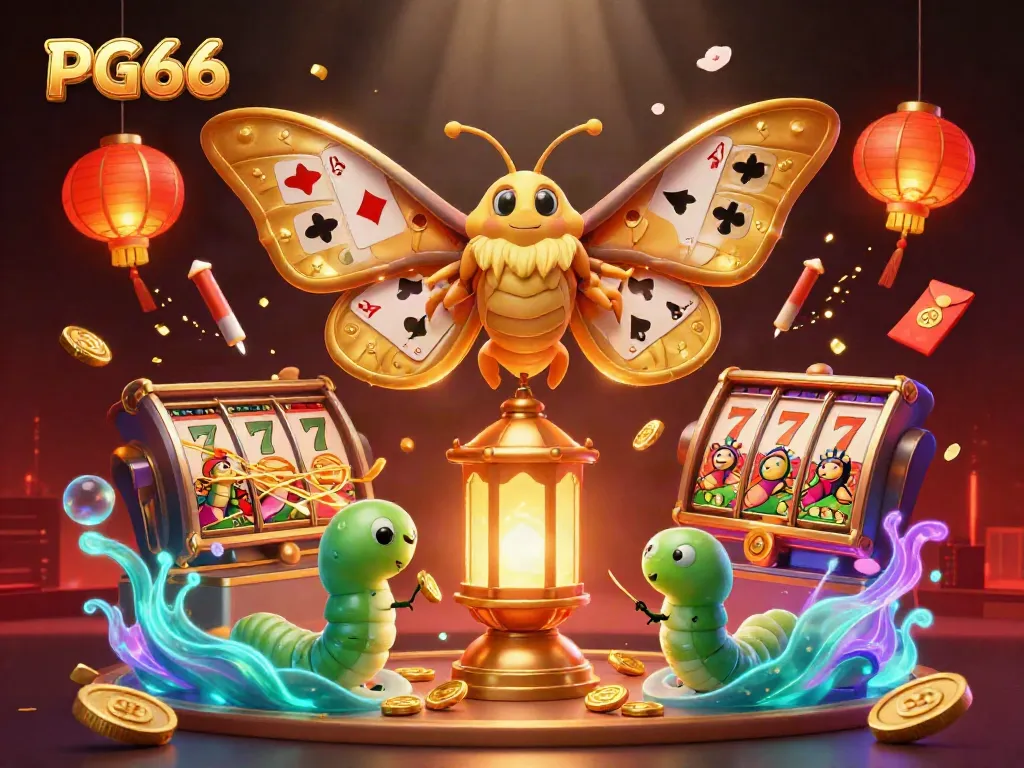 Engage with PG66 through thrilling online gambling adventures featuring vibrant casino scenes and dynamic game elements.