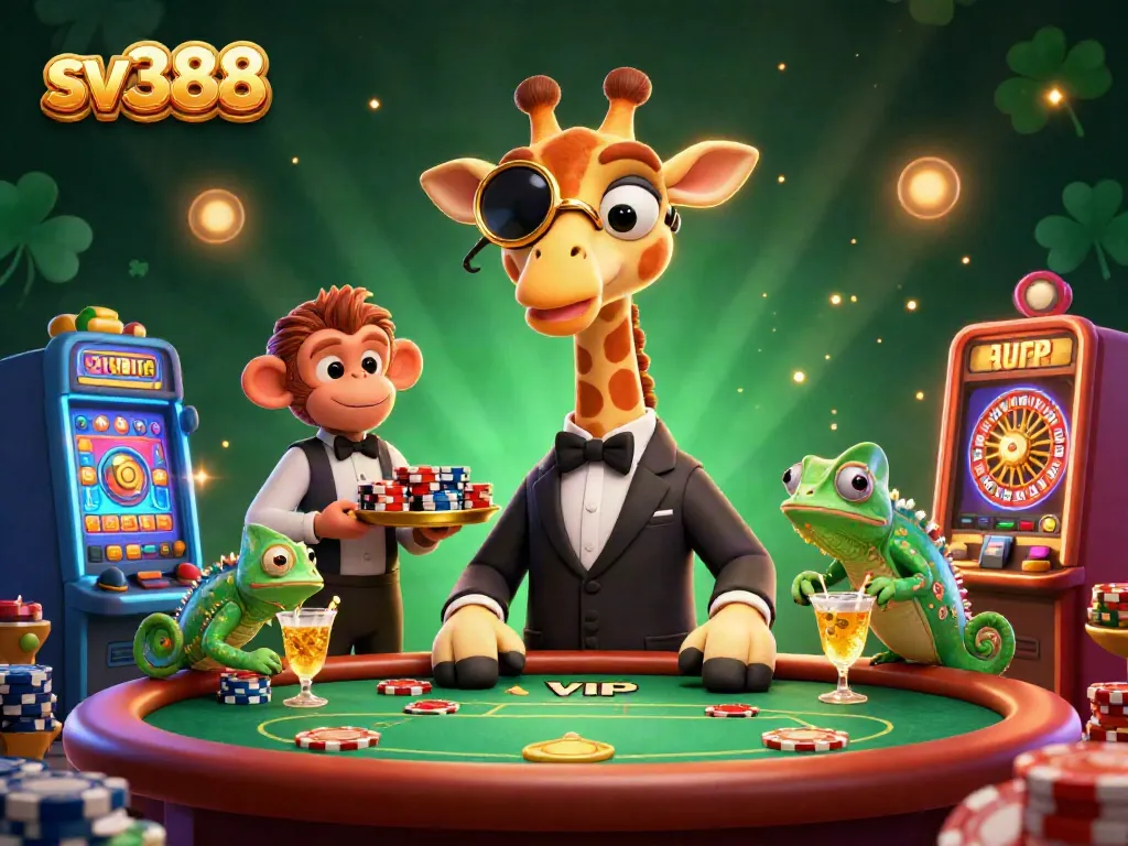 Experience the excitement of sv388 with vibrant casino elements featuring a giraffe, monkey, and chameleon in action.
