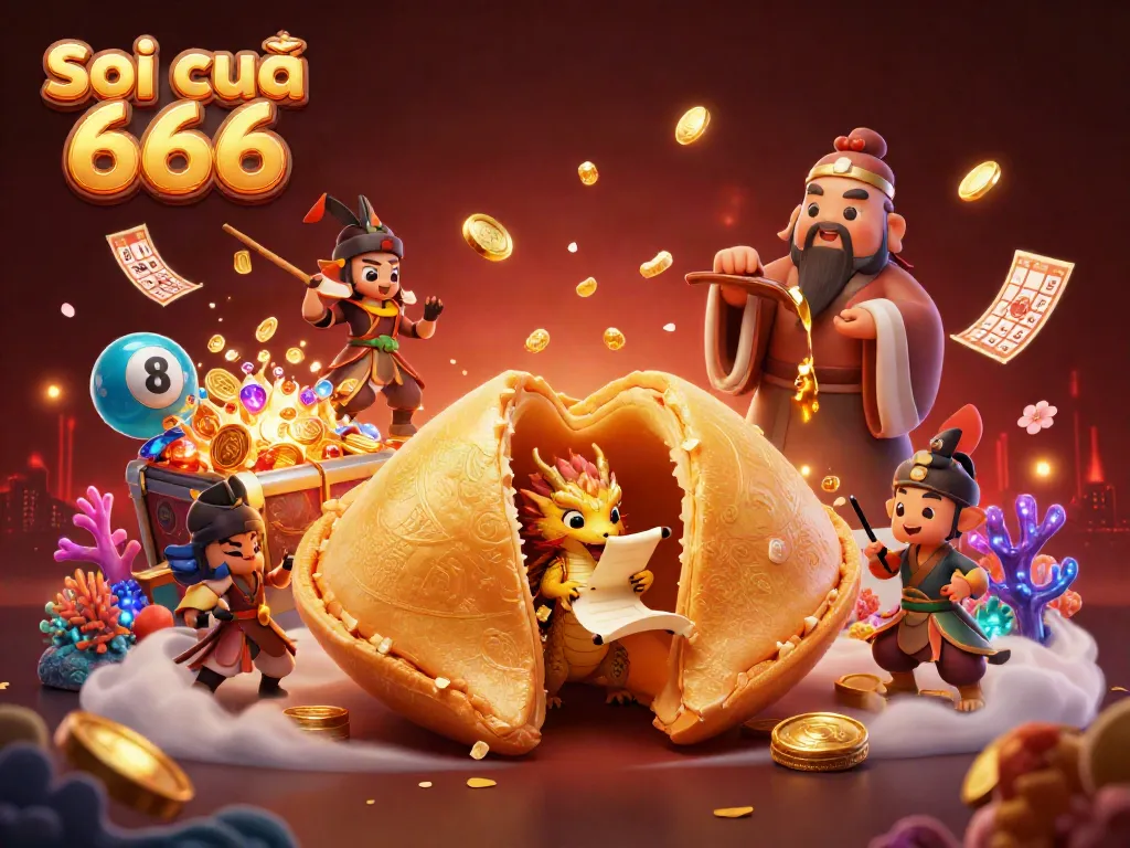 Soi cầu 666 showcases a vibrant lottery scene with a giant golden fortune cookie and a wise dragon among sparkling gems.