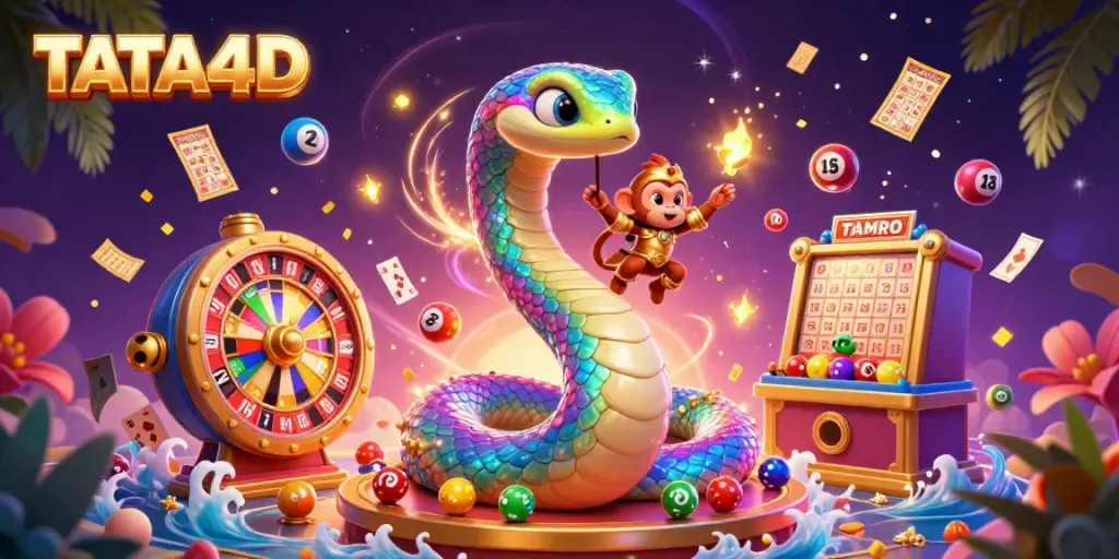 Engage with TATA4D's vibrant casino atmosphere in an exciting 3D scene filled with gaming elements.