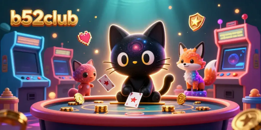 Engage in captivating gameplay at b52club with a black hole cat and colorful fox in a cosmic casino setting.