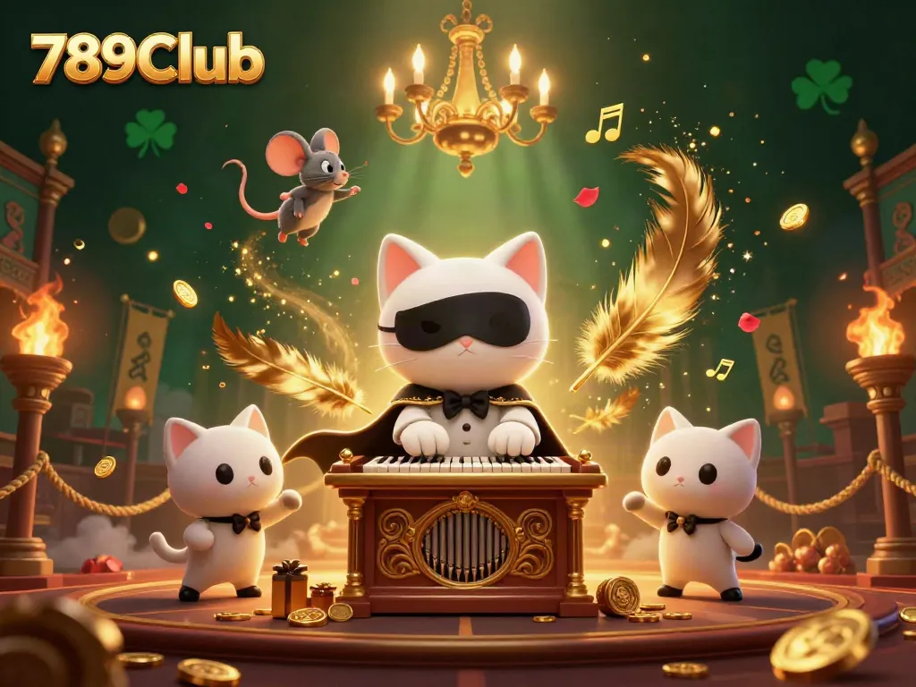 Engage with 789Club's vibrant gaming space as a whimsical phantom plays at the casino organ, coins flying.