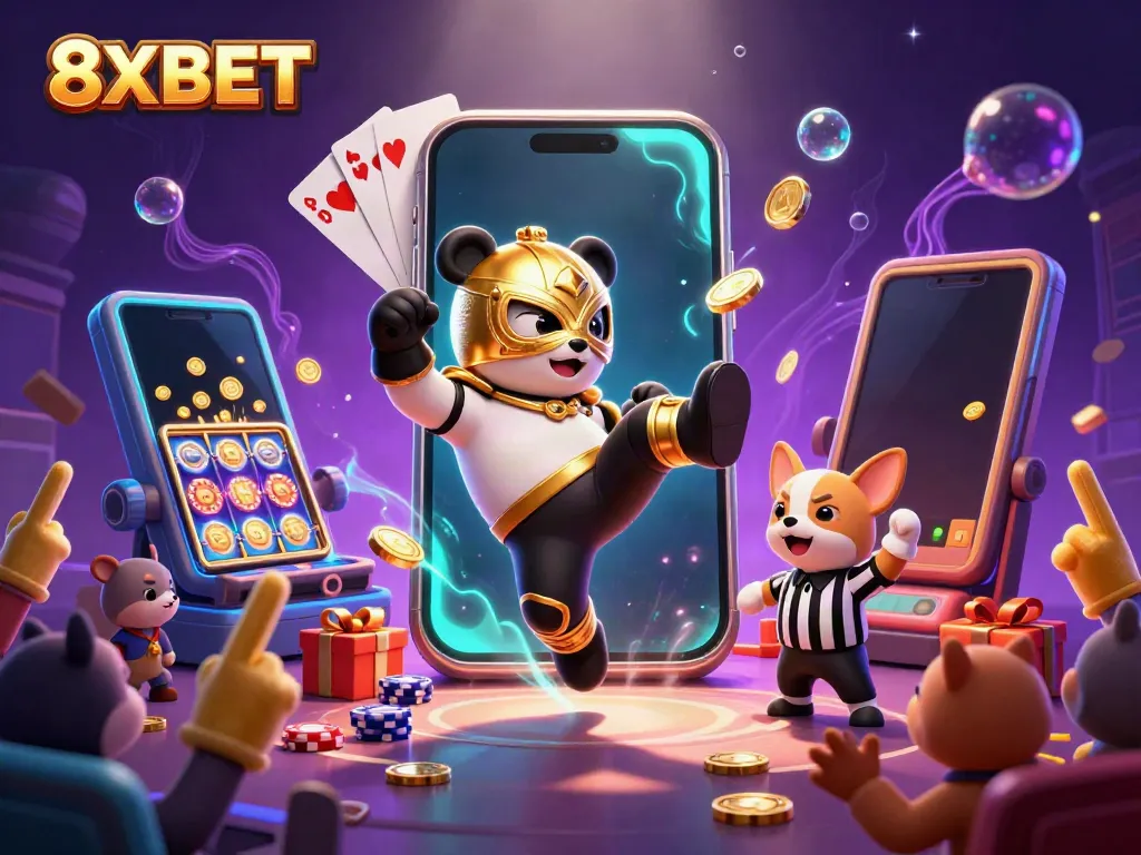 Experience thrilling action with 8XBET featuring a professional wrestler panda and a counting chihuahua in a vibrant casino scene.